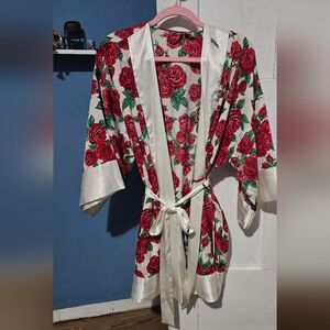 Floral Kimono Robe with Red Roses